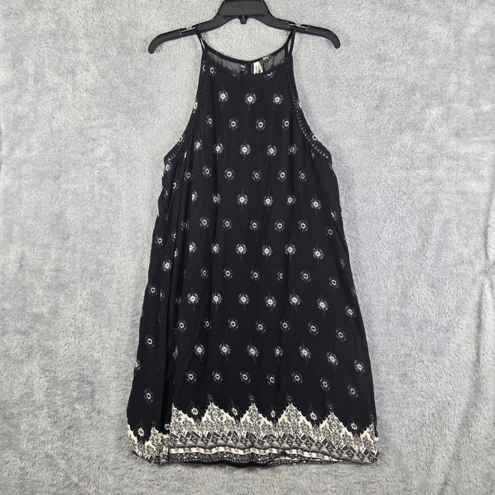 Mudd Womens Black White Boho Geometric Floral Halter Neck Rayon Mini Dress L